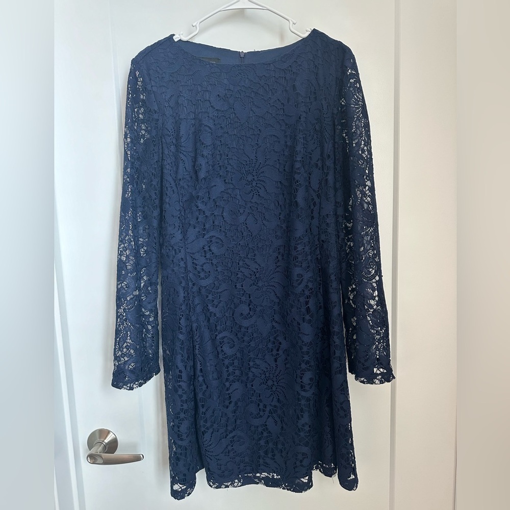 Navy Blue AB Studio Long Sleeve Lace Sheath Dress